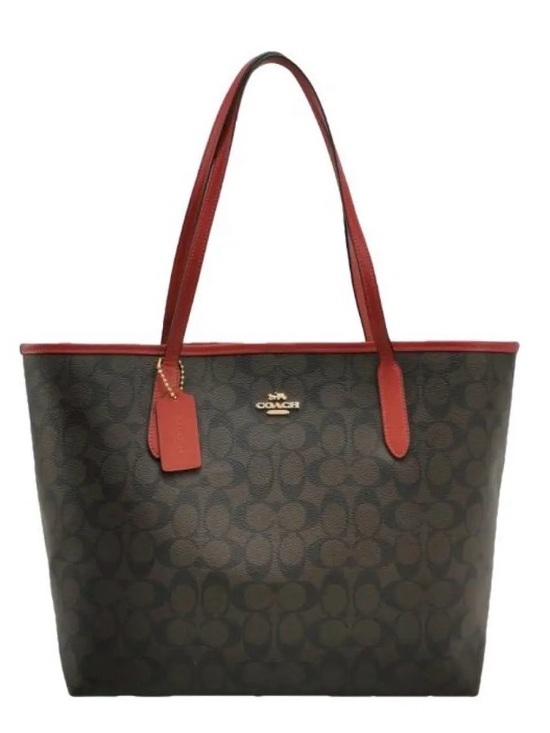Coach Handbags - Coach Brown Signature Tote with Red Trim and Straps